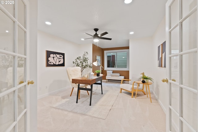 carpeted home office featuring recessed lighting, french doors, baseboards, and ceiling fan