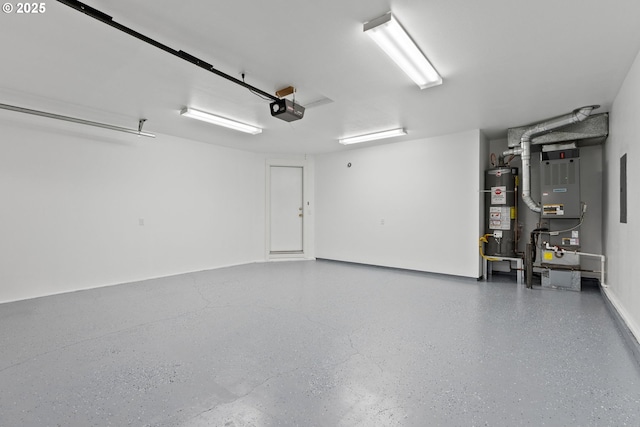 garage featuring heating unit, a garage door opener, and water heater