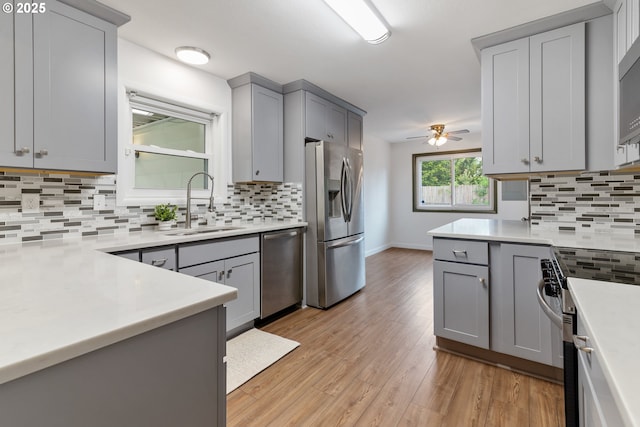 10525 SE Mitchell St, Portland, OR 97266 - kitchen featuring appliances with stainless steel finishes, gray cabinetry, backsplash, ceiling fan, and a sink