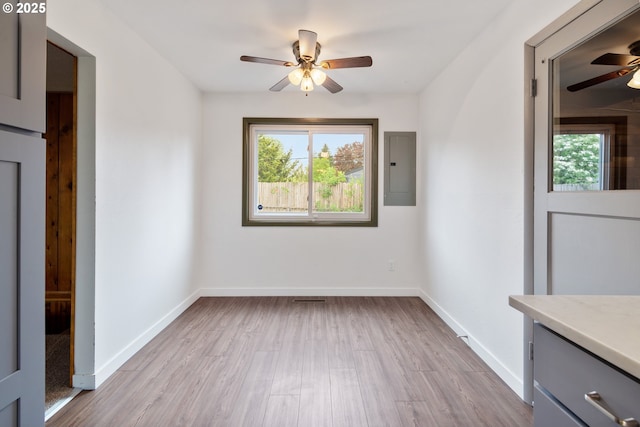 10525 SE Mitchell St, Portland, OR 97266 - unfurnished room featuring a ceiling fan, electric panel, plenty of natural light, and wood finished floors