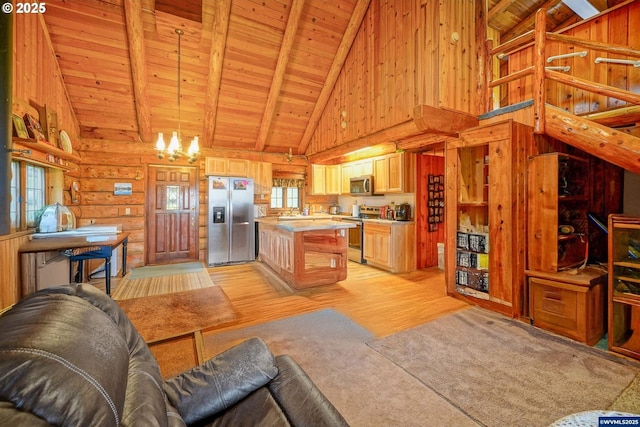 31975 Berlin Rd, Lebanon, OR 97355 - living room with beamed ceiling, light wood-style flooring, wooden ceiling, and high vaulted ceiling