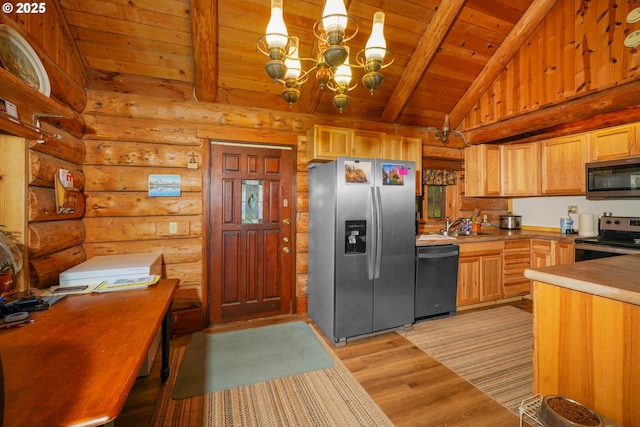 31975 Berlin Rd, Lebanon, OR 97355 - kitchen featuring light wood finished floors, an inviting chandelier, lofted ceiling with beams, appliances with stainless steel finishes, and wooden ceiling