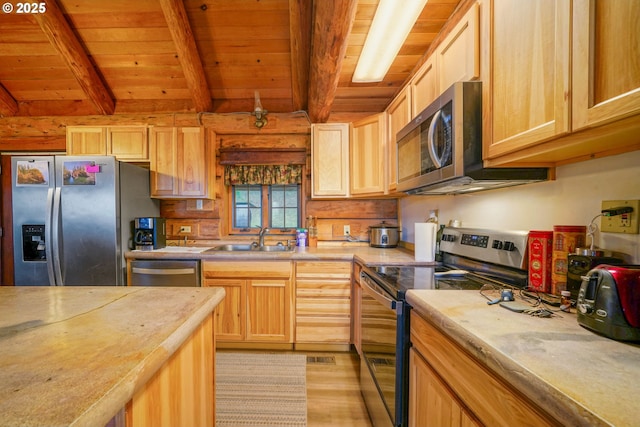 31975 Berlin Rd, Lebanon, OR 97355 - kitchen featuring a sink, light countertops, light wood-style floors, appliances with stainless steel finishes, and wooden ceiling