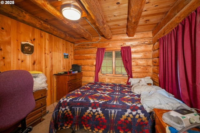31975 Berlin Rd, Lebanon, OR 97355 - bedroom featuring beam ceiling, carpet floors, wooden ceiling, and rustic walls