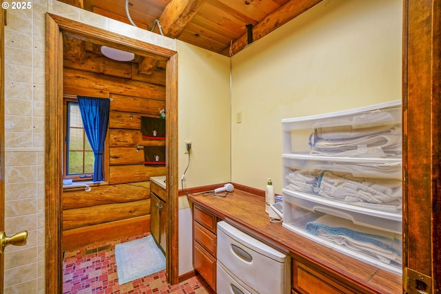 31975 Berlin Rd, Lebanon, OR 97355 - kitchen with beamed ceiling, log walls, and wood ceiling