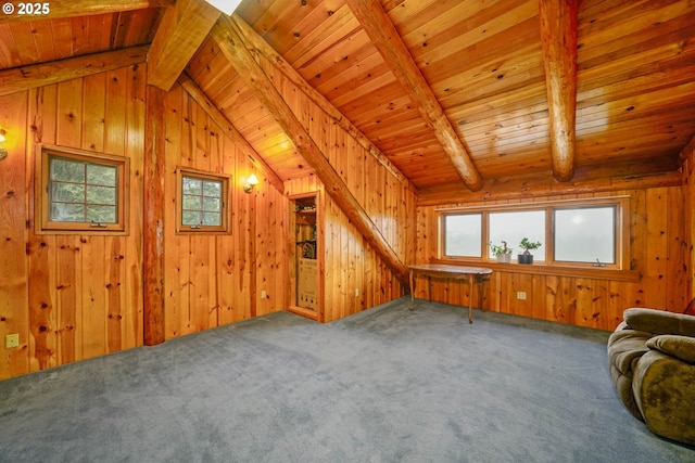 31975 Berlin Rd, Lebanon, OR 97355 - additional living space featuring wooden ceiling, wooden walls, vaulted ceiling with beams, and carpet