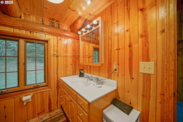 31975 Berlin Rd, Lebanon, OR 97355 - half bathroom featuring wooden walls, wooden ceiling, and vanity
