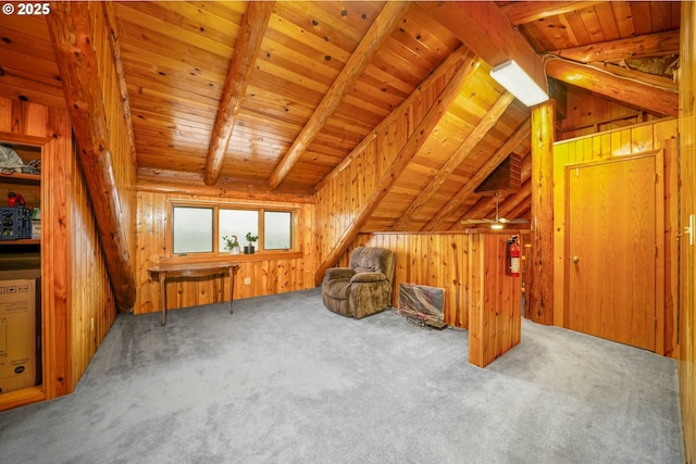 31975 Berlin Rd, Lebanon, OR 97355 - unfurnished room featuring carpet, lofted ceiling with beams, wood ceiling, and wood walls