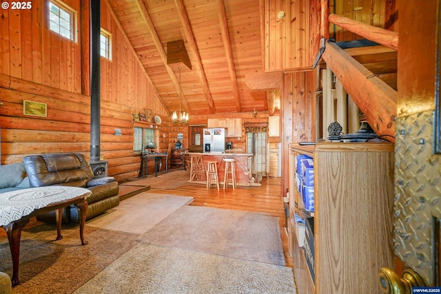 31975 Berlin Rd, Lebanon, OR 97355 - living area with high vaulted ceiling, beam ceiling, light wood-style flooring, wooden ceiling, and rustic walls