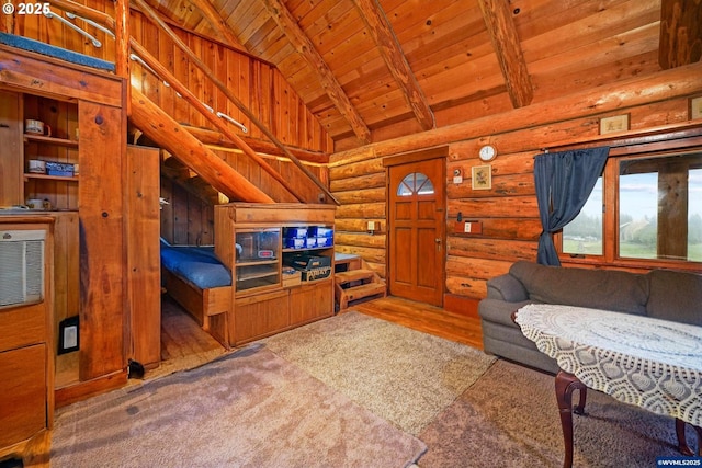 31975 Berlin Rd, Lebanon, OR 97355 - living room with lofted ceiling with beams, log walls, wood ceiling, and wood finished floors