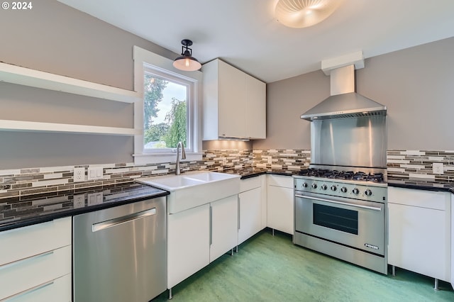 9116 N Willamette Blvd, Portland, OR 97203 - kitchen featuring appliances with stainless steel finishes, wall chimney exhaust hood, decorative backsplash, dark countertops, and white cabinets