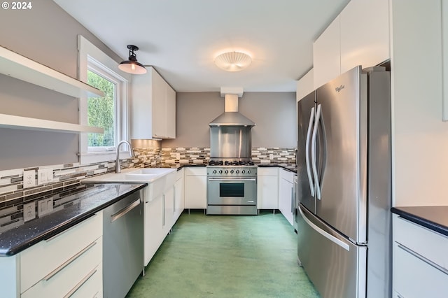 9116 N Willamette Blvd, Portland, OR 97203 - kitchen with appliances with stainless steel finishes, wall chimney range hood, decorative backsplash, and white cabinetry