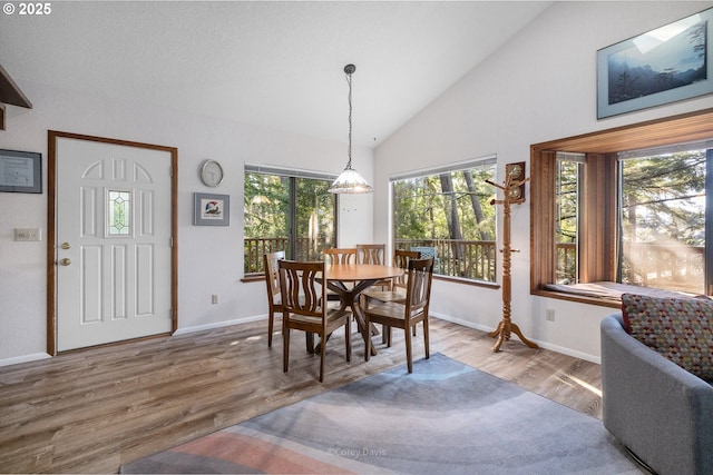 dining space featuring wood finished floors, lofted ceiling, and baseboards