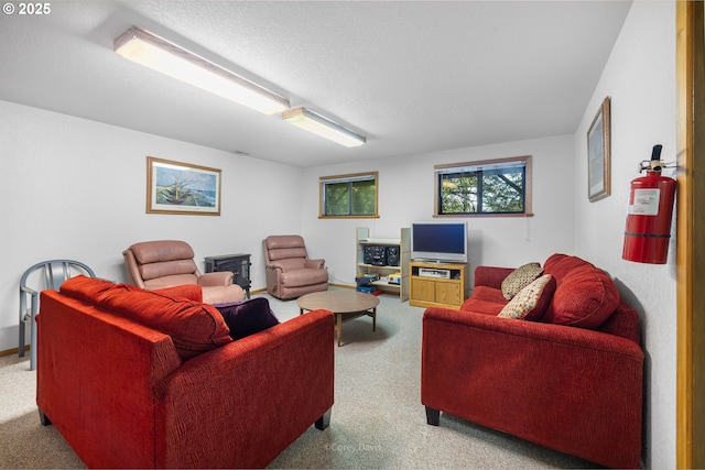 living area featuring carpet flooring and a textured ceiling
