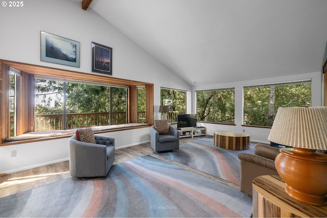 living room featuring plenty of natural light, wood finished floors, beam ceiling, baseboards, and high vaulted ceiling