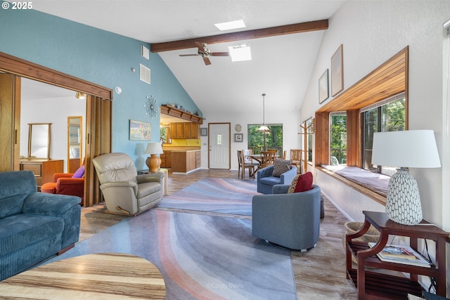 living area featuring wood finished floors, beam ceiling, a skylight, high vaulted ceiling, and a ceiling fan