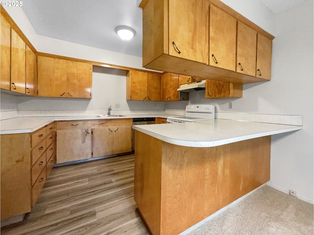 kitchen featuring sink, light wood-type flooring, kitchen peninsula, and white electric range oven