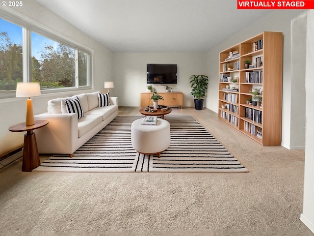 living room with light colored carpet