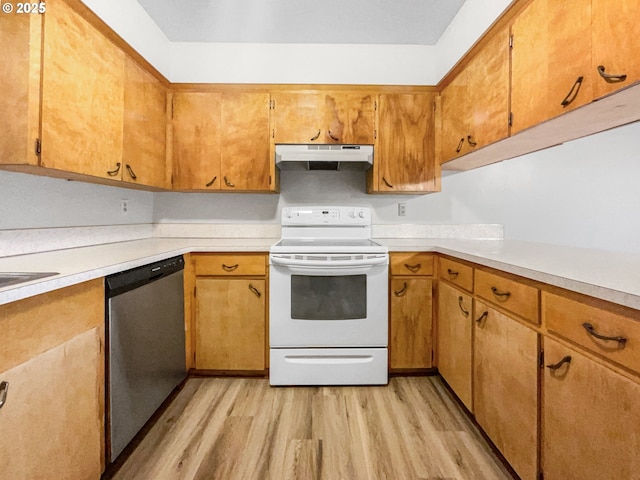 kitchen featuring white electric range, light hardwood / wood-style flooring, and stainless steel dishwasher