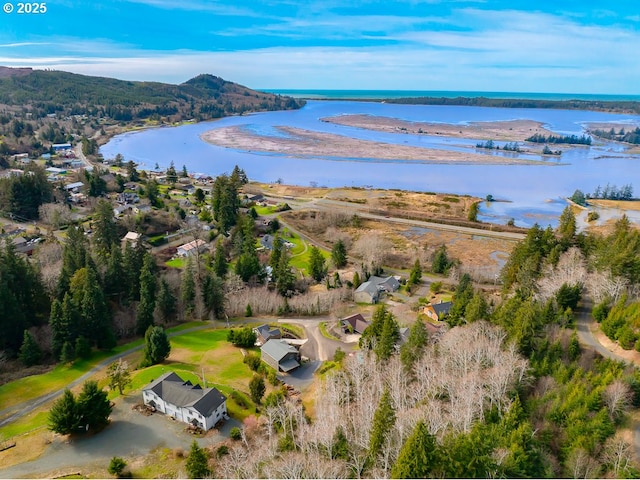 aerial view featuring a water view