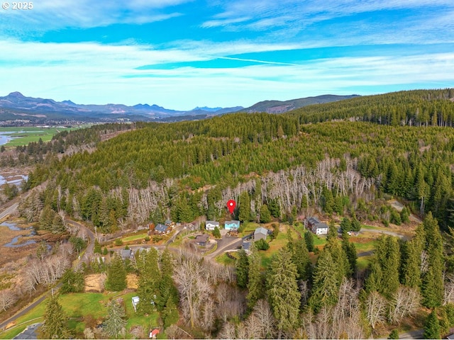 drone / aerial view with a mountain view and a view of trees