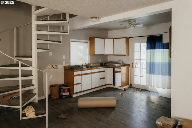 kitchen with dark wood-type flooring, a ceiling fan, a sink, a textured ceiling, and white cabinets