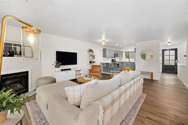 living room with wood-type flooring and a textured ceiling