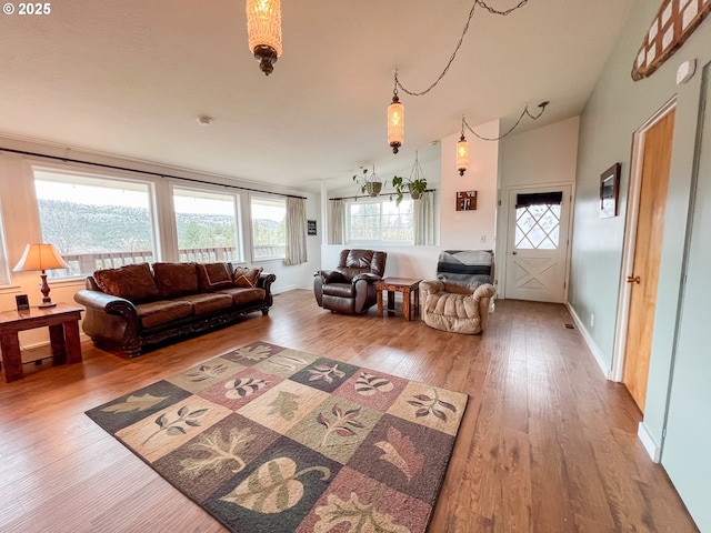 living area featuring vaulted ceiling and wood finished floors