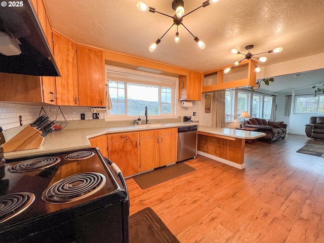 kitchen with a sink, exhaust hood, dishwasher, black / electric stove, and light countertops