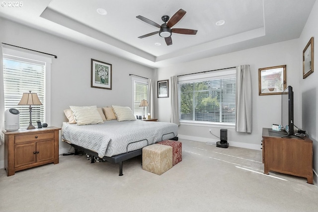 16949 SW Appledale Rd, Beaverton, OR 97007 - bedroom featuring a tray ceiling, light colored carpet, recessed lighting, and a ceiling fan