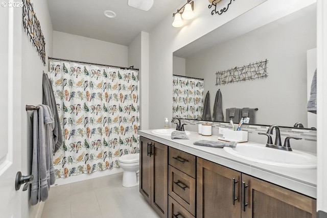 16949 SW Appledale Rd, Beaverton, OR 97007 - bathroom with tile patterned floors, double vanity, and a shower with shower curtain