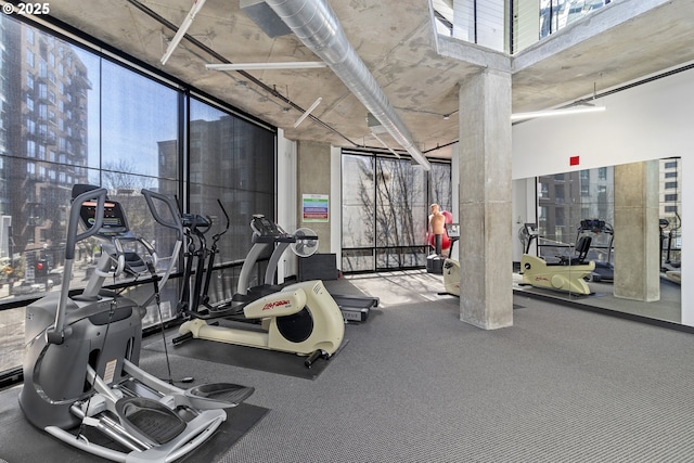 workout area featuring expansive windows