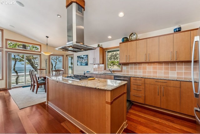 kitchen featuring dark wood-type flooring, vaulted ceiling, island exhaust hood, stainless steel appliances, and a sink