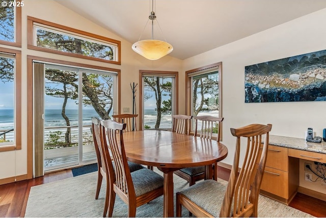 dining space featuring baseboards, lofted ceiling, a water view, and light wood finished floors