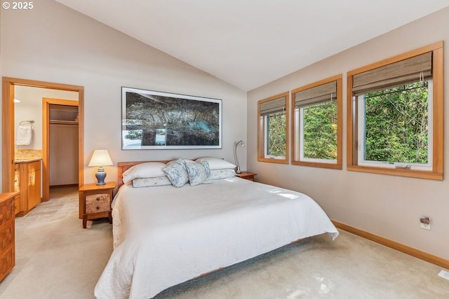 bedroom with lofted ceiling, a spacious closet, baseboards, and light carpet