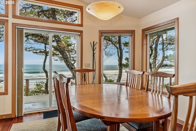 dining room featuring dark wood-style floors, a healthy amount of sunlight, lofted ceiling, and a water view