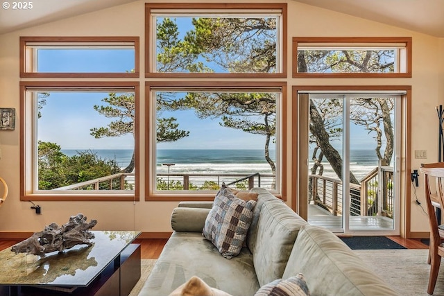 living area featuring vaulted ceiling, plenty of natural light, wood finished floors, and a water view