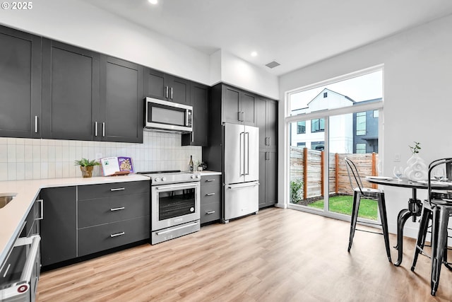 kitchen with backsplash, appliances with stainless steel finishes, and light hardwood / wood-style flooring