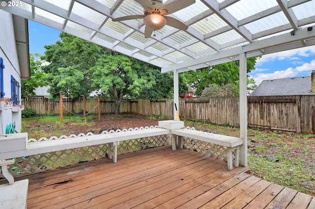 4021 N Clarey St, Eugene, OR 97402 - deck with ceiling fan, a fenced backyard, and a pergola