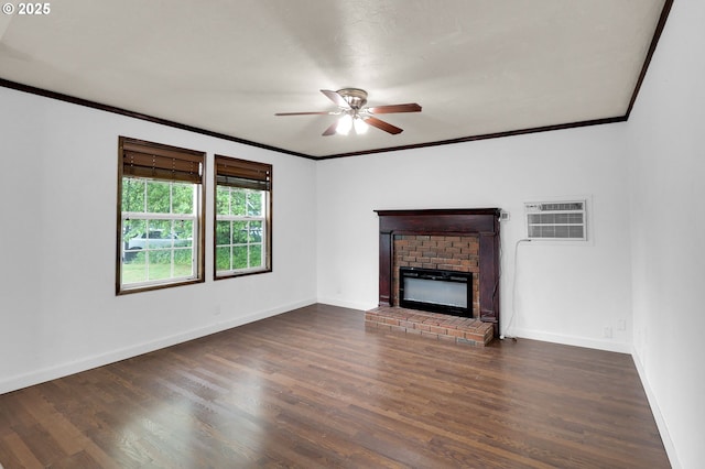 4021 N Clarey St, Eugene, OR 97402 - unfurnished living room with a ceiling fan, crown molding, a brick fireplace, baseboards, and wood finished floors