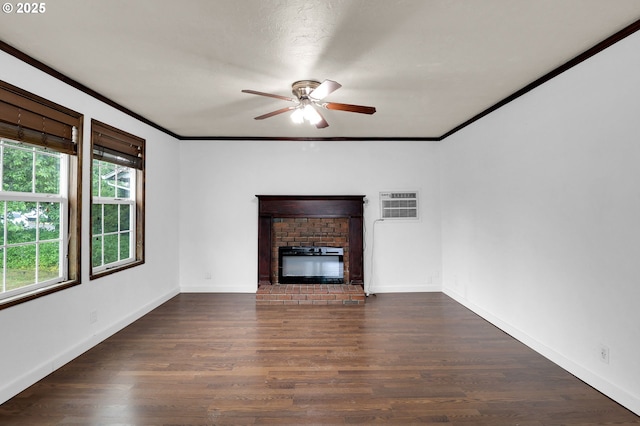 4021 N Clarey St, Eugene, OR 97402 - unfurnished living room featuring ceiling fan, a brick fireplace, wood finished floors, baseboards, and crown molding