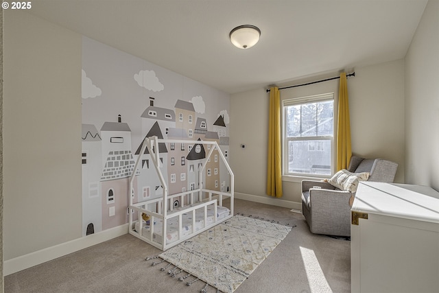 bedroom with light colored carpet