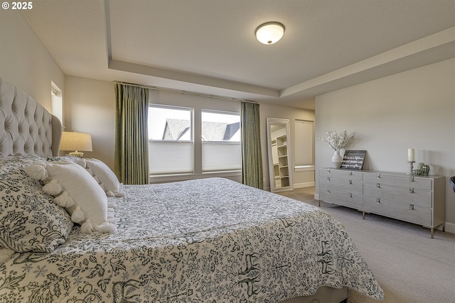 bedroom with carpet and a tray ceiling