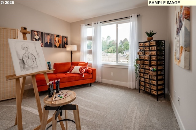 living area with carpet and baseboards