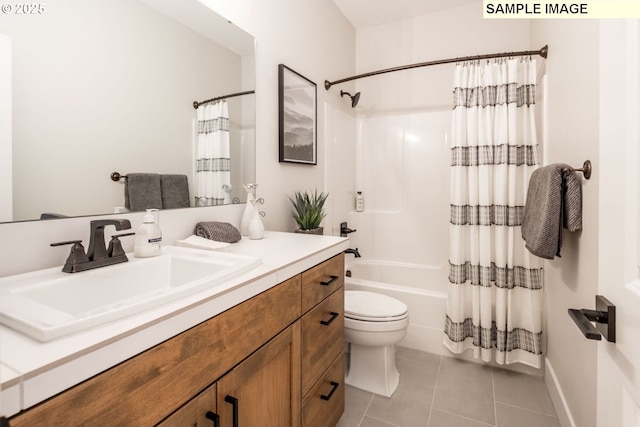 bathroom with toilet, shower / bath combo with shower curtain, tile patterned flooring, and vanity