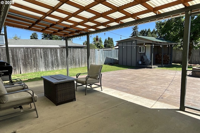 1082 Dondea St, Springfield, OR 97478 - fenced backyard featuring an outdoor fire pit, an outdoor structure, a pergola, and area for grilling