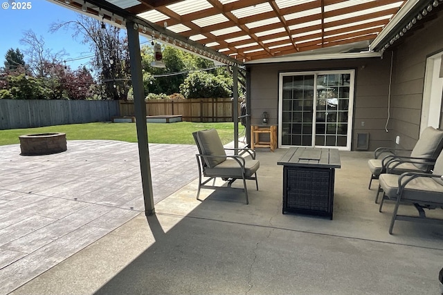 1082 Dondea St, Springfield, OR 97478 - fenced backyard with an outdoor fire pit, a patio area, and a pergola