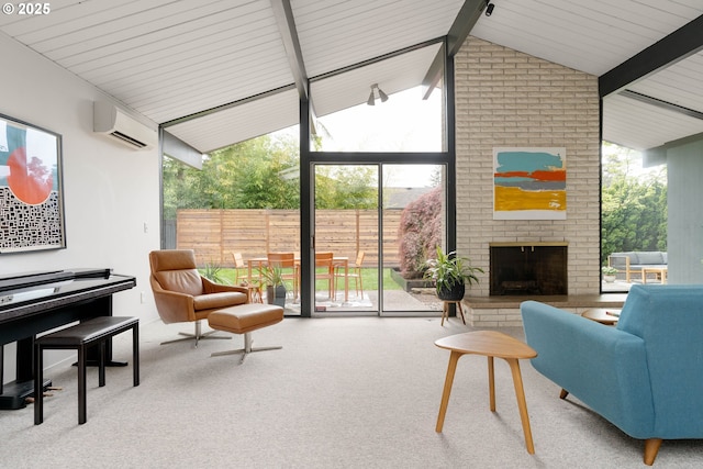 carpeted living room featuring a brick fireplace, expansive windows, high vaulted ceiling, beamed ceiling, and an AC wall unit