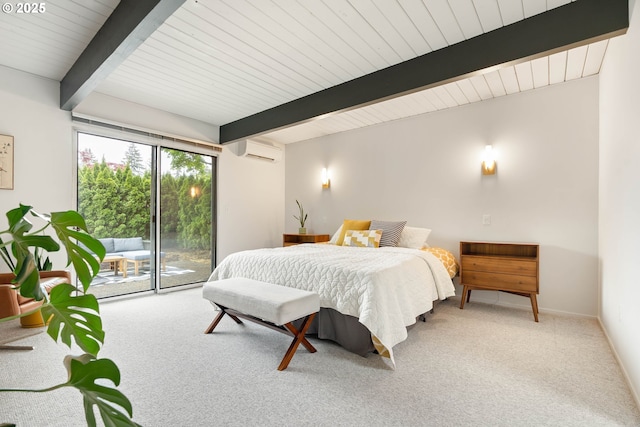carpeted bedroom featuring an AC wall unit, access to exterior, beam ceiling, and wood ceiling