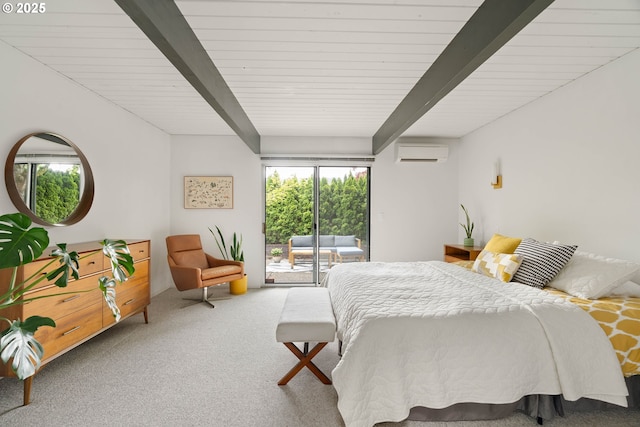 bedroom with carpet flooring, access to exterior, beam ceiling, and a wall mounted air conditioner